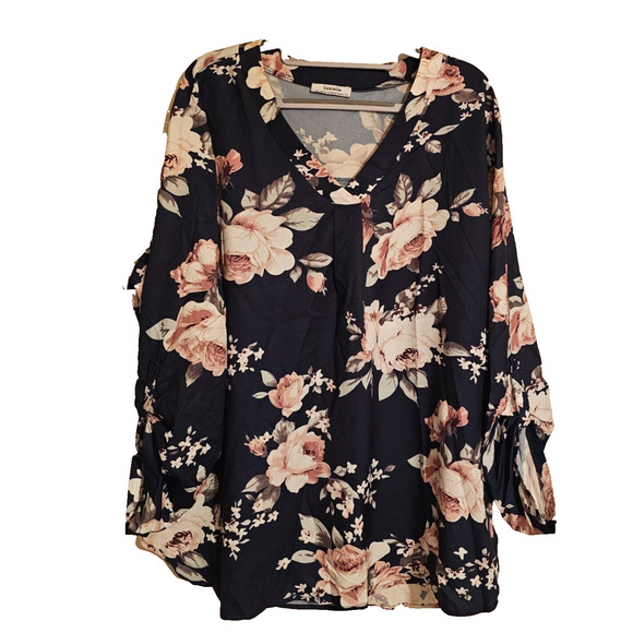 Youtalia Womens Sz XXL Navy Blue w pink Floral Long Sleeve V-Neck Lightweight - Picture 1 of 9